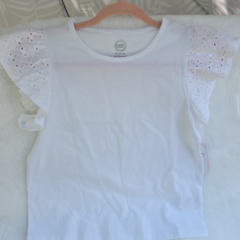 White Eyelet Sleeve Ruffle Tee - Picture 10 of 16